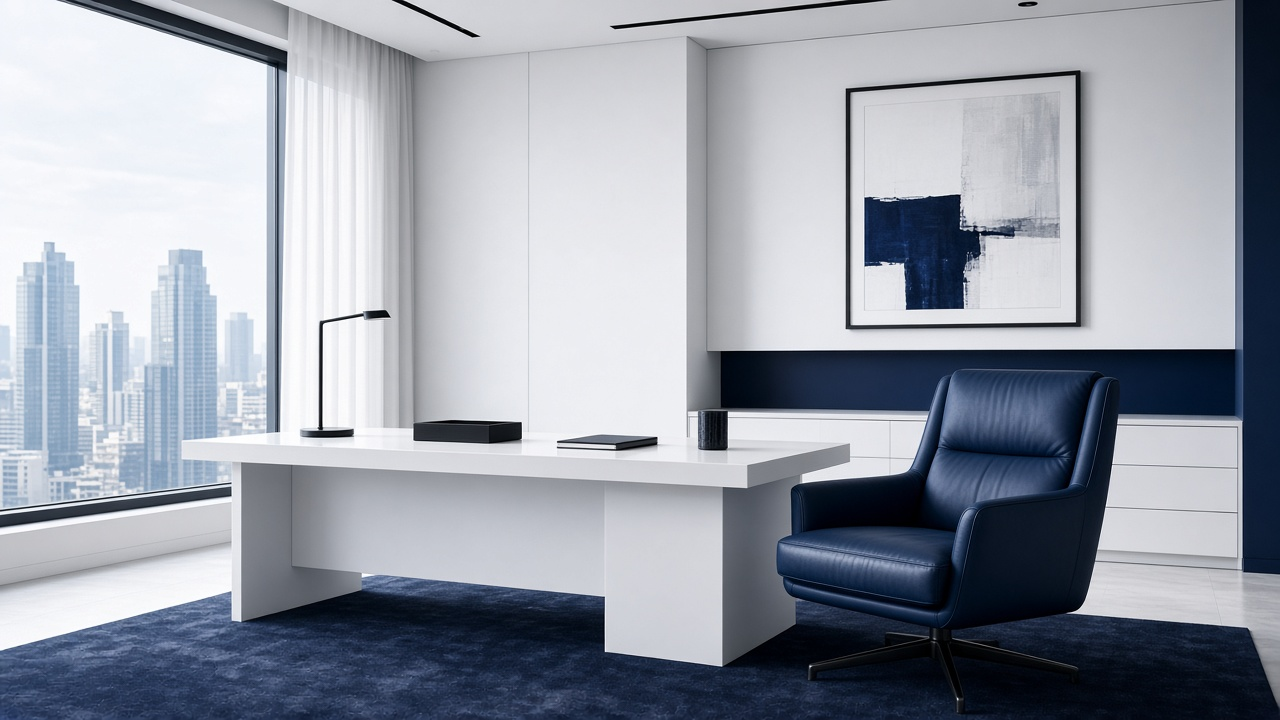 White executive office with a navy leather chair